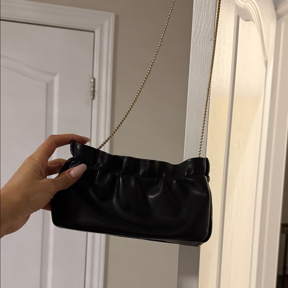 Mango Black Leather Wristlet with Gold Chain